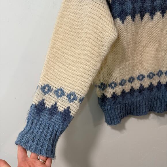 Norlender Women's Vintage Wool Sweater Cream Blue 42 Nordic Geometric Fair Isle - Picture 3 of 9